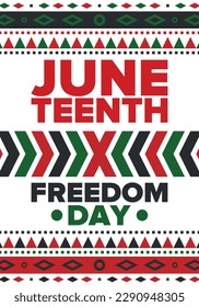 Juneteenth Independence Day. Freedom or Emancipation day. Annual american holiday, celebrated in June 19. African-American history and heritage. Poster, greeting card, banner and background. Vector