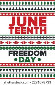 Juneteenth Independence Day. Freedom or Emancipation day. Annual american holiday, celebrated in June 19. African-American history and heritage. Poster, greeting card, banner and background. Vector