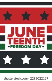 Juneteenth Independence Day. Freedom or Emancipation day. Annual american holiday, celebrated in June 19. African-American history and heritage. Poster, greeting card, banner and background. Vector