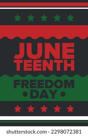 Juneteenth Independence Day. Freedom or Emancipation day. Annual american holiday, celebrated in June 19. African-American history and heritage. Poster, greeting card, banner and background. Vector