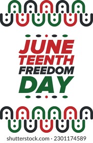 Juneteenth Independence Day. Freedom or Emancipation day. Annual american holiday, celebrated in June 19. African-American history and heritage. Poster, greeting card, banner and background. Vector