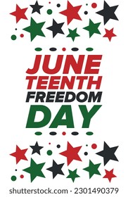 Juneteenth Independence Day. Freedom or Emancipation day. Annual american holiday, celebrated in June 19. African-American history and heritage. Poster, greeting card, banner and background. Vector