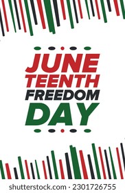 Juneteenth Independence Day. Freedom or Emancipation day. Annual american holiday, celebrated in June 19. African-American history and heritage. Poster, greeting card, banner and background. Vector