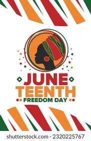 Juneteenth Independence Day. Freedom or Emancipation day. Annual american holiday, celebrated in June 19. African-American history and heritage. Poster, greeting card, banner and background. Vector