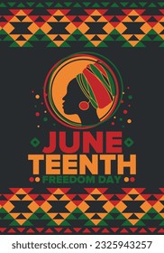Decimoctavo Día de la Independencia de junio. Día de la Libertad o la Emancipación. Fiesta anual estadounidense, celebrada el 19 de junio. Historia y patrimonio afroamericano. Cartel, tarjeta de saludo, cartel y fondo. Vector