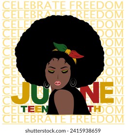 Decimoctavo Día de la Independencia de junio. Día de la Libertad o la Emancipación. ... Historia y patrimonio afroamericano. Silhouette de una mujer afroamericana negra. Cartel, tarjeta de saludo, cartel y fondo.