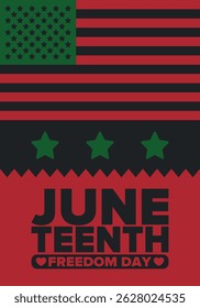 Juneteenth Independence Day. Freedom or Emancipation day. Annual american holiday, celebrated in June 19. African-American history and heritage. Poster, greeting card, banner and background. Vector