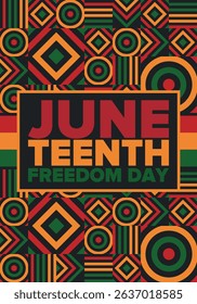 Juneteenth Independence Day. Freedom or Emancipation day. Annual american holiday, celebrated in June 19. African-American history and heritage. Poster, greeting card, banner and background. Vector