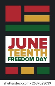 Juneteenth Independence Day. Freedom or Emancipation day. Annual american holiday, celebrated in June 19. African-American history and heritage. Poster, greeting card, banner and background. Vector