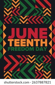 Juneteenth Independence Day. Freedom or Emancipation day. Annual american holiday, celebrated in June 19. African-American history and heritage. Poster, greeting card, banner and background. Vector
