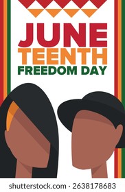 Juneteenth Independence Day. Freedom or Emancipation day. Annual american holiday, celebrated in June 19. African-American history and heritage. Poster, greeting card, banner and background. Vector