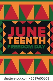 Juneteenth Independence Day. Freedom or Emancipation day. Annual american holiday, celebrated in June 19. African-American history and heritage. Poster, greeting card, banner and background. Vector