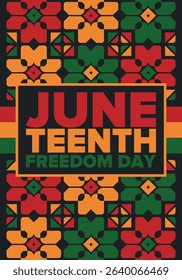 Juneteenth Independence Day. Freedom or Emancipation day. Annual american holiday, celebrated in June 19. African-American history and heritage. Poster, greeting card, banner and background. Vector