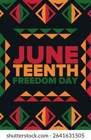 Juneteenth Independence Day. Freedom or Emancipation day. Annual american holiday, celebrated in June 19. African-American history and heritage. Poster, greeting card, banner and background. Vector