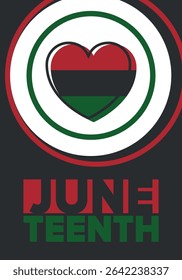 Juneteenth Independence Day. Freedom or Emancipation day. Annual american holiday, celebrated in June 19. African-American history and heritage. Poster, greeting card, banner and background. Vector
