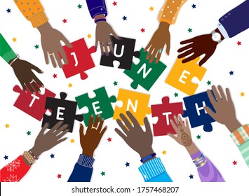 Juneteenth, June 19, 1865 - Freedom Day in the United States of America. Dark-skinned hands jigsaw puzzle pieces together, isolated on white. Remember ancestors, slavery abolition. Vector banner