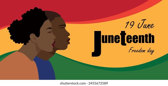 Juneteenth. June 19th, Freedom Day. A black man and a black woman in profile against the background of the flag. People side view. Portrait of Africans in the flat style. Vector color illustration 