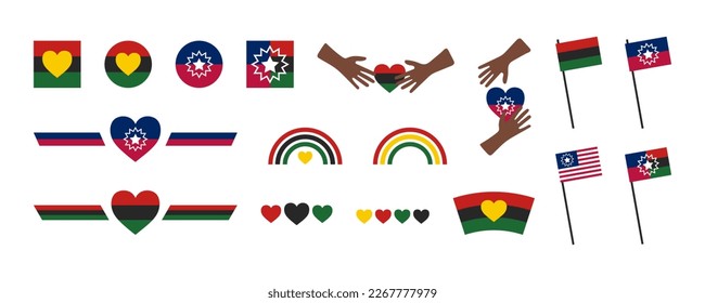 Juneteenth National Independence Day set colorful icons. Black history month. Freedom day signs, symbols. Collection vector illustration for Emancipation Day. African American celebrating Jubilee Day.