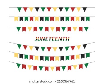 Juneteenth party flags isolated. Vector set of Freedom Day garlands and buntings in traditional african colors. Juneteenth triangular and rectangular flags collection.