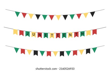 Juneteenth Party Flags Isolated. Vector Set Of Freedom Day Garlands And Buntings In Traditional African Colors. Juneteenth Triangular And Rectangular Flags Collection.