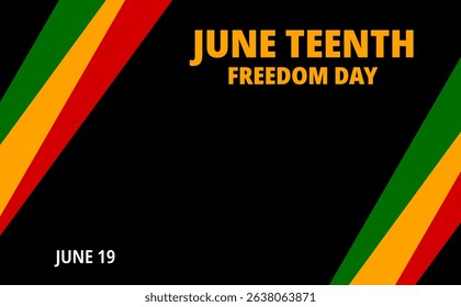 Juneteenth poster design with diagonal Pan-African color lines (green, yellow, red) on the left and right sides, complemented by bold typography “June Teenth Freedom Day” and the date “June 19”.