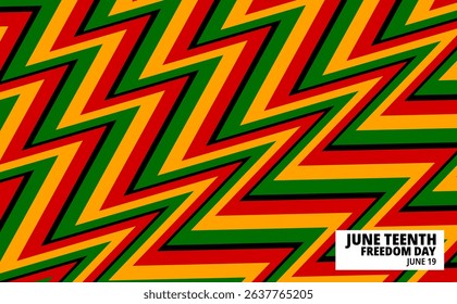 Juneteenth poster design with a zig-zag pattern in red, yellow, green, and black creates a dynamic, bold, and energetic impression.