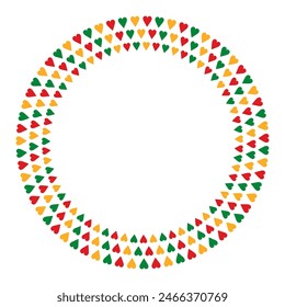 Juneteenth round frame consists of small red, green and yellow hearts. Black History Month. Place for text. Vector illustration