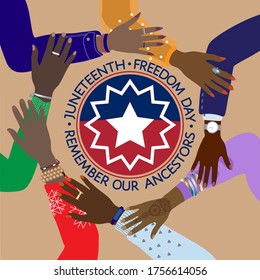 Juneteenth round sign, Freedom Day in United States of America at June 19, 1865. Dark hands around. Remember our ancestors, quote. Slavery abolition, african american people emancipation. Flat vector.