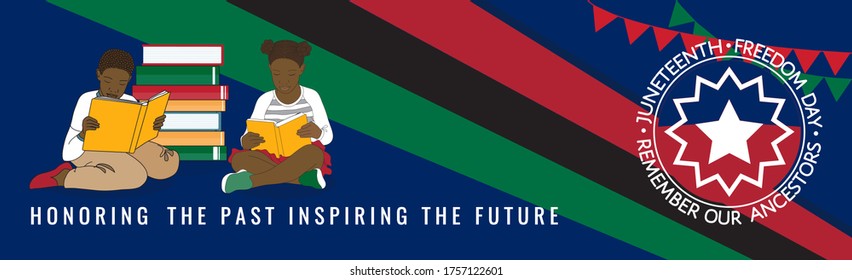 Juneteenth round sign, kids read history books at Pan-African flag background. June 19 1865 - Freedom Day in the USA. Remember our ancestors Honoring the past Inspiring the Future quote. Vector banner