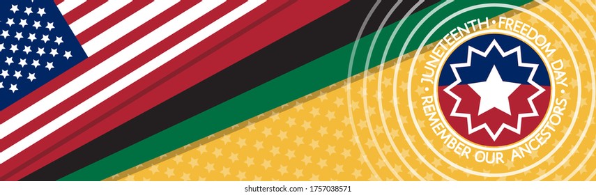 Juneteenth round sign at Pan-African flag colors background. June 19 1865 - Freedom Day in the United States of America. Remember our ancestors, slavery abolition, african people emancipation. Vector.