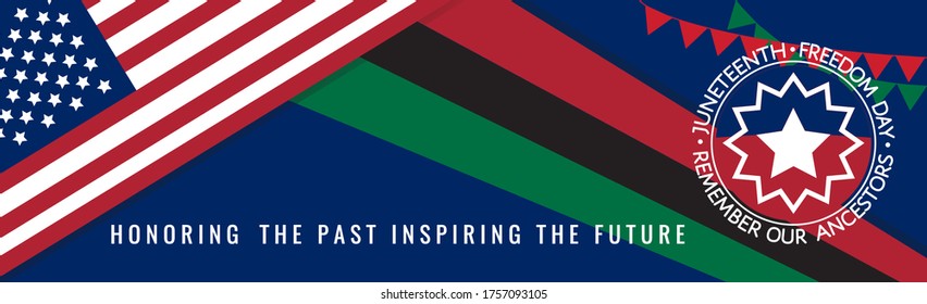 Juneteenth round sign at Pan-African flag colors background. June 19 1865 - Freedom Day in the United States of America. Remember our ancestors, Honoring the past Inspiring the Future, quote. Vector.