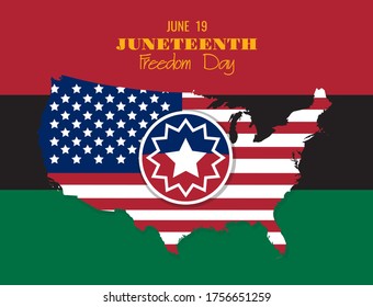 Juneteenth Round Sign At The United States Of America Map, Flag. Pan-African Colors Background. June 19 1865 - Freedom Day, Slavery Abolition, African American People Emancipation. Vector Banner.