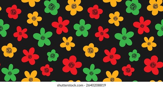 juneteenth seamless pattern abstract black background with festive red, green, and gold flowers african american freedom celebration design