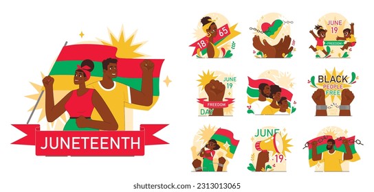 Juneteenth set. Independence and emancipation day of black people in USA. Annual holiday, celebrating freedom of african-americans. Flat vector illustration