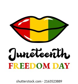 Juneteenth sign. Black girl lipstick kiss. African American holiday on June 19. Vector template for typography poster, banner, postcard, sticker, etc.