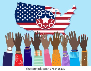 Juneteenth Sign At The United States Of America Map, Dark Skinned Hands Raised Up. June 19, 1865 - Freedom Day, Slavery Abolition, African American People Emancipation, Unequality Protest. Flat Vector