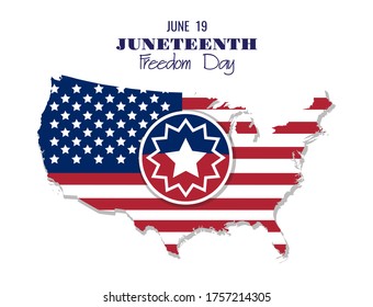 Juneteenth Sign At The United States Of America Map And Flag, Isolated On White Background. June 19 1865 - Freedom Day, Slavery Abolition, African American People Emancipation, Liberty. Vector Banner.