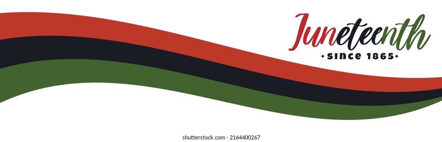 Juneteenth, since 1865 text lettering logo. Horizontal banner design with Pan African, Black Liberation flag with red, black, green stripes.. Vector illustration isolated on white background,