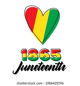 Juneteenth Since June 19, 1865. Heart with colour of flag Freedom or Emancipation day African-American. Banner, t-shirt and greeting card design.