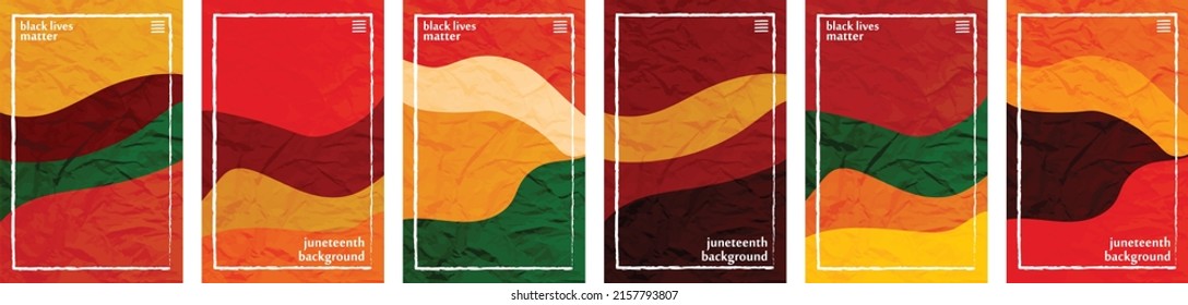 Juneteenth theme color tone, hues crushed paper vertical background template frame. Black lives matter. Set of 6 color collections. User interface backdrop texture, pattern. Online app visual concept.