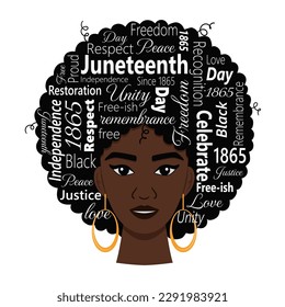 Juneteenth Typographic Illustration With Words Symbolizing African American Freedom Day. National Independence Day. Words On The Shape Of An Womans Hair. Vector illustration On A White Background