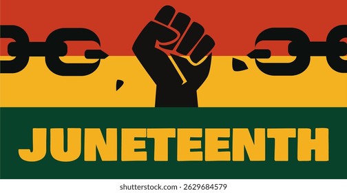  Juneteenth vector with broken chains and raised fist in red and black symbolizing freedom from slavery