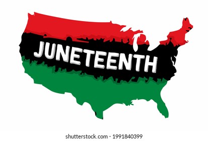 juneteenth writing in white with a map of america silhouette background