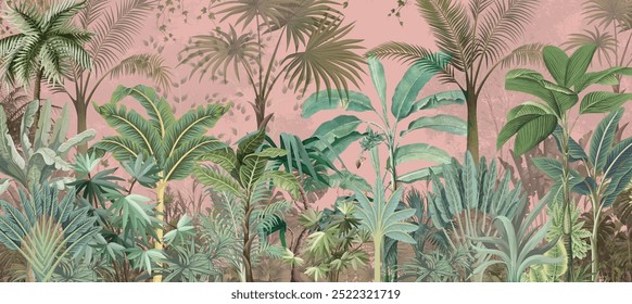 Jung wall Mural, Hand painted wallpaper and fabrics, Tropical Background.