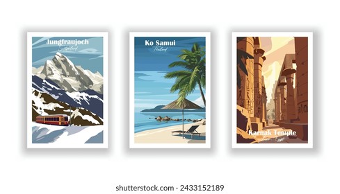 Jungfraujoch, Schweiz. Tempel Karnak, Luxor, Ägypten. Ko Samui, Thailand - Set mit 3 Vintage Reiseplakaten. Vektorgrafik. Qualitativ hochwertige Ausdrucke