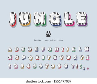 Jungle 3d bright font. Funny cartoon ABC letters and numbers. Zebra skin colorful alphabet for fashion design, t-shirt print. Vector illustration
