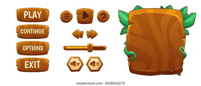 Jungle adventure game buttons set isolated on white background. Vector cartoon illustration of play, continue, options, exit buttons, sound bar equalizer, stone board with tropical green plant leaves