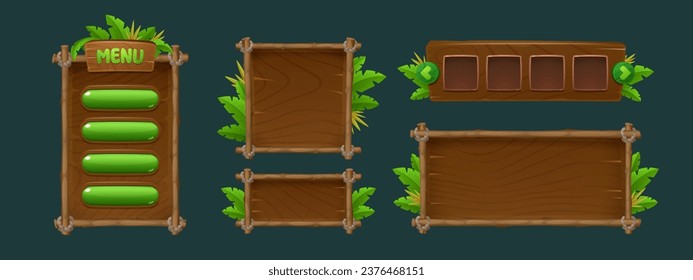 Jungle adventure game ui elements isolated on background. Vector cartoon illustration of wooden boards with bamboo frame, menu background with buttons, shop template, green tropical plants decoration