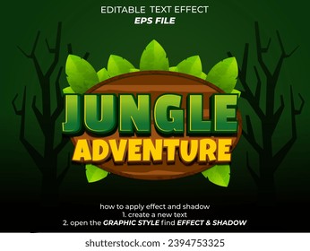 efecto de texto de aventura de jungla, tipo de letra editable, tipografía, texto 3d. plantilla de vector