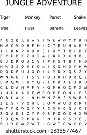 Jungle adventure word search puzzle featuring wild animals and natural elements